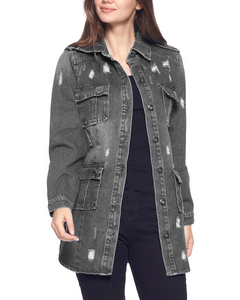"Veste longue en jean pour femme | Manteau en jean déchiré à la mode avec poche Casual Oversized Denim OuterwearStylish Button Up Jean Jacket" - Product Image 5