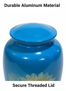 Urna Funeraria para Adultos Estilo Europeo Color Azul Cielo con Diseño de Girasol, Acabado Pulido, Metal/Aluminio Ecológico, Hecho a Mano en India - Product Image 4