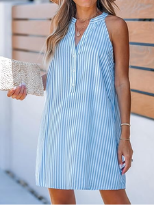 Vestido de playa para mujer, minivestido sin mangas con cuello levantado con rayas verticales, ajuste relajado, perfecto para un look informal de verano - Product Image 3