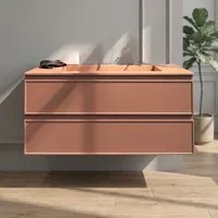 Meuble-lavabo suspendu rose pour salle de bain avec double tiroir, lavabo intégré en résine colorée et unité murale miroir assorti