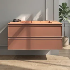Lavello in resina colorata e pensile a <span class=keywords><strong>specchio</strong></span> con doppio cassettone da <span class=keywords><strong>bagno</strong></span> sospeso rosa con doppio cassettone integrato - Product Image 1