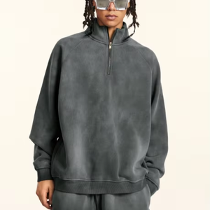 Sudadera personalizada de lana y algodón pesado, ropa de calle de gran tamaño para hombre, sudadera con media cremallera y cuello levantado y 14 cremalleras, sudaderas con capucha lavadas con ácido - Product Image 4