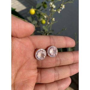 925 Silver Rose Quartz <b>Stud</b> <b>Earrings</b> with Gold Plating Cute Style Bezel Setting for Wedding Engagement or Party - Product Image 4