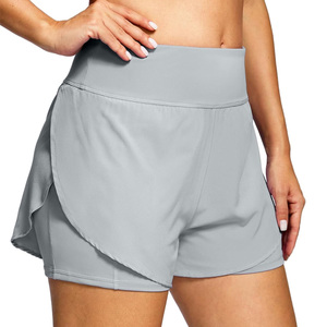 Short de sport d'été respirant 2 en 1 pour femmes, entraînement, course à pied, tenue de fitness, motif solide, marque privée personnalisable OEM - Product Image 1