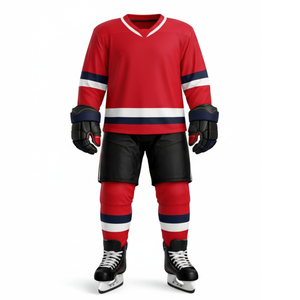 ชุดยูนิฟอร์มฮ็อกกี้น้ำแข็ง เสื้อเจอร์ซีย์สีแดงล้วน พร้อมแถบสีน้ำเงินกรมท่าและสีขาวแนวนอน ชุดกีฬาสำหรับผู้ชาย - Product Image 1