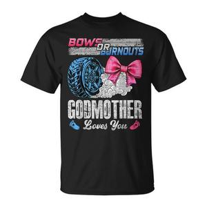 T-shirt per Rivelazione del Sesso del Bambino con Scritta 'Burnouts or Bows' Preferita dalla Madrina per le Celebrazioni! - Product Image 1