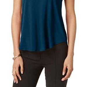 T-shirt Verde Donna Alfani Taglia Unica con Orlo Asimmetrico, Versione Petite, con Finiture in Raso, Vestibilità Ampia, in Poliestere Traspirante - Product Image 3