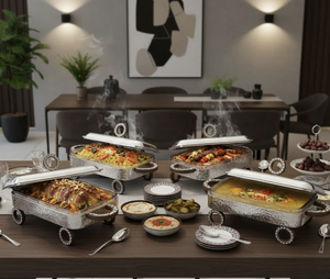 Contemporary Enamel Stainless Steel Casserole Set Beige Silver Combo Food Warmer Buffet Events Parties <b>Catering</b> Usage - Product Image 4