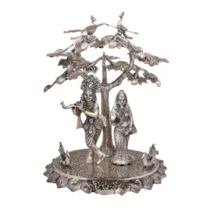 Handcrafted Metal Silver Plated Radha Krishna Back Side Tree And Cow Design Statue For Home Decoration And Gifting