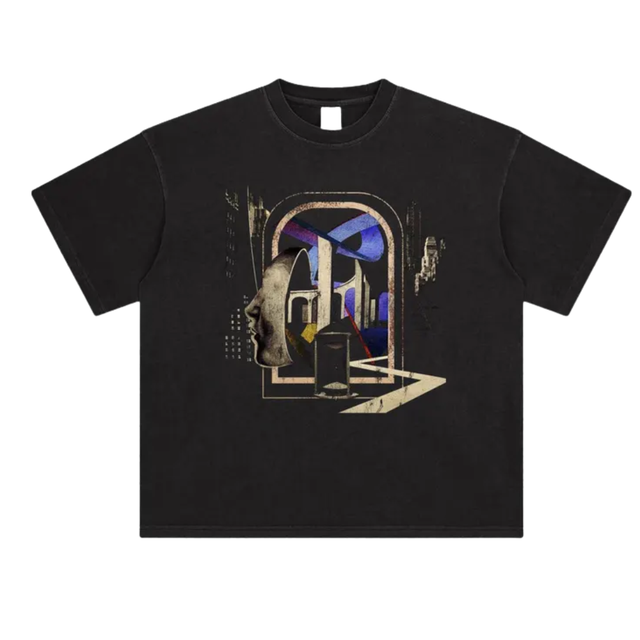 Oversized Black Graphic Print T Shirt Men Streetwear Heavyweight Cotton Vintage Washed Tee Abstract Art Design OEM Custom Logo