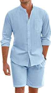 Men's Summer 2-Piece Casual <b>Beach</b> Set Polyester Button-Up <b>Shirt</b> <b>Long</b>-Sleeved Shorts Cardigan Breathable Set - Product Image 3