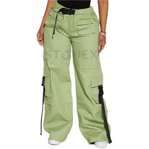 Cargo Pant Mid Rise Elastic Waistband Utility Pockets Wide Leg Custom Made Women Pants In Cheap Price