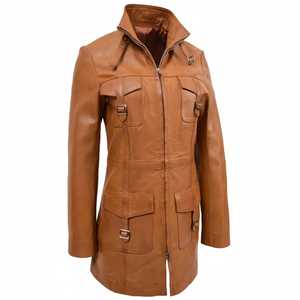 Veste safari en cuir véritable pour femme, style vintage, manteau de terrain avec quatre poches à boucles - Product Image 6