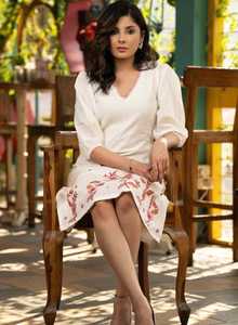 Handmade Summer Short Dress Vintage Style with Cotton Embroidered Floral Design <b>Three</b> Quarter Sleeve Sexy and Elegant - Product Image 3