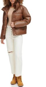 Women's Cropped Quilted <b>Leather</b> Puffer <b>Jacket</b> Full-Zip with Waterproof <b>Winter</b> Long Sleeve Fancy Hood Button Decoration Pullover - Product Image 4