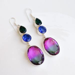Bi-Color <b>Tourmaline</b> Multi-Stone Dangle <b>Earrings</b> 92.5 Silver Plated Crystal <b>Earrings</b> Handmade Boho Jewelry Gift for Her - Product Image 2