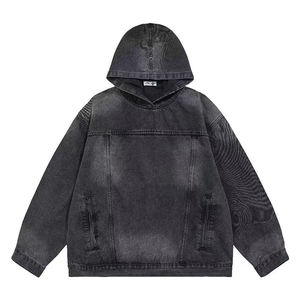Sweat à capuche streetwear avec impression personnalisée sans ficelle coton lavé à l'acide épais poids lourd oversize sweats à capuche pour hommes en denim - Product Image 1