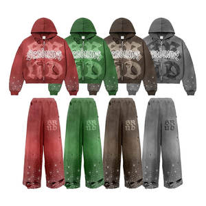 Style de rue soleil délavé nouveauté hommes survêtement Baggy Look strass acide lavage 2 pièces à capuche et pantalon empilé ensemble - Product Image 1