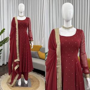 Robe longue Anarkali de style indien traditionnel en georgette avec dentelle, avec dupatta de créateur et manches longues pour femmes - Product Image 6