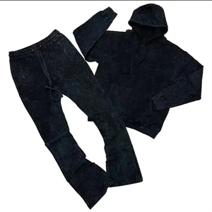 Custom Embroidery Unisex Purple Tracksuit Set Hooded Sweatshirt Flare Sweatpants 100% Cotton Solid Color Casual Winter - Product Image 2