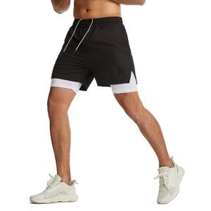 Gran oferta, pantalones cortos de entrenamiento de gimnasio de doble capa personalizados para hombres, LICRA de secado rápido con bolsillo oculto, patrón sólido, estilo informal - Product Image 5