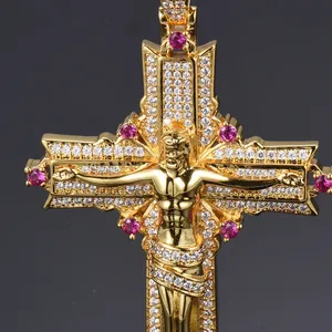 Elegante Collar con Colgante de Cruz de Jesús con Piedras de Imitación Estilo Hip Hop, Joyería Religiosa de Latón para Hombre y Mujer - Product Image 5
