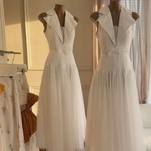 OEM Premium White Mesh Maxi Dress V Neck Sleeveless Tight Waist Formal Women Dress - Product Image 1