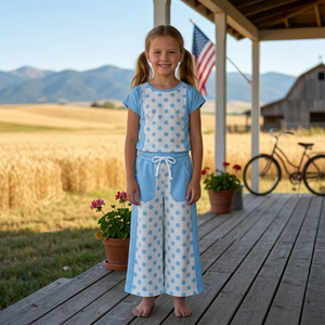 Conjunto de Pijama sin Mangas para Niñas, Azul con Puntos, Casual, Ecológico, Pantalones de Spandex/Poliéster, Ropa de Dormir Cómoda - Product Image 3