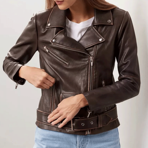 Veste de moto en cuir d'agneau véritable marron pour femmes Veste doublée à fermeture éclair de style motard pour femmes - Product Image 1