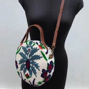 Роскошная хлопковая круглая сумка с вышивкой и кожаной полосой, сумка на плечо с застежкой-молнией, цветная вышитая сумка-тоут