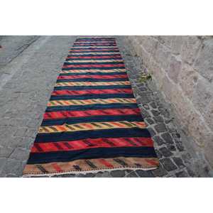 Alfombra turca étnica Vintage roja amarilla 4x15,9 pies área grande 10mm respaldo de látex de lana Rectangular abstracto para alfombra de habitación de pasillo - Product Image 1