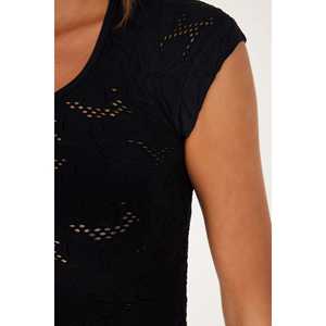 Top Corto Informal para Mujer con Encaje Negro, Mangas Cortas, Lentejuelas Bordadas en la Parte Delantera, Cuello Cuadrado, Tallas XS a XL para Otoño - Product Image 3