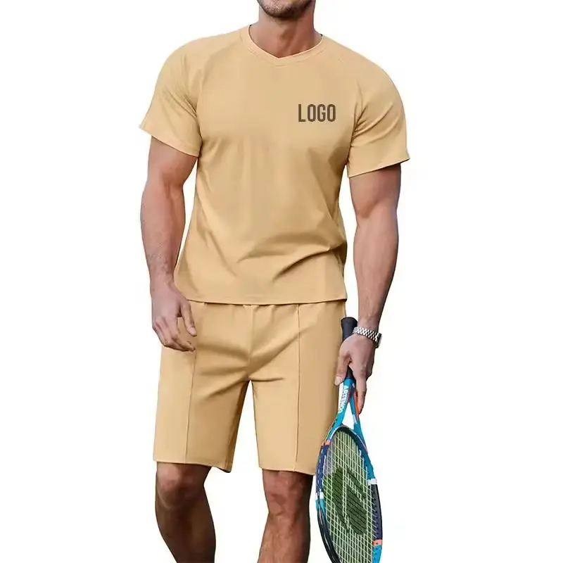 Toptan özel Logo T Shirt ve şort takımı erkekler özel şortlar ve t-shirt eşofman boy ağır ağırlık yaz eşofman