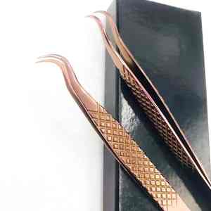 Pince à épiler d'extension de cils en acier inoxydable de haute qualité pointe de crochet en or Rose volume incurvé pince à cils pointes greffées avec boîte - Product Image 2