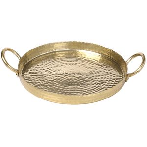 Plateau de service en métal brillant avec motif floral en relief, finition en laiton poli et poignées robustes, parfait pour les centres de table et les événements - Product Image 4