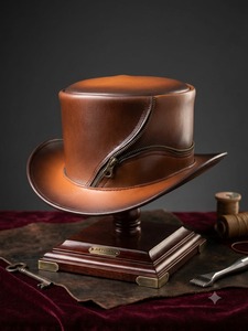 Brown Leather <b>Top</b> <b>Hat</b> <b>Steampunk</b> Zipper Costume <b>Hat</b> Two Tone Cosplay Cap for Party Stage Dress Up - Product Image 2