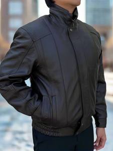 Blouson d'hiver décontracté pour homme en cuir véritable de peau de mouton noir, col montant, taille élastique, style vintage, veste bomber - Product Image 6