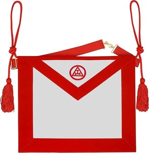 Delantal Masónico Bordado a Mano 100% Piel de Cordero con Cordón Decorativo Rojo y Borlas, Borde de Cinta Grosgrain - Product Image 1