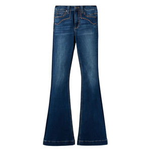 Jeans de Tiro Alto con Corte de Campana, Mezclilla Elástica Azul, Corte Ajustado, Bolsillos Delanteros de Parche, Jeans Modernos para Mujer, Lavado Vintage - Product Image 1