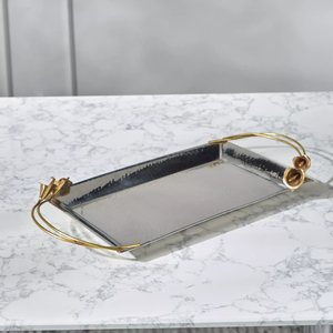 <b>Table</b> Centerpiece Food Serving Tray Made Of Silver Metal Serving Tray With Gold Leaf Design Handle And Platter For <b>Kitchen</b> Use - Product Image 5