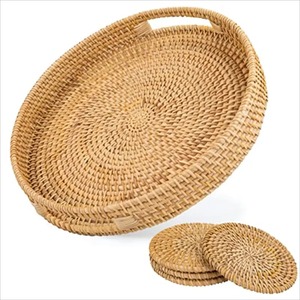 ถาดหวายทรงกลมทำด้วยมือถาดหวายแนววินเทจถาดหวายธรรมชาติปรับได้ถาดชาเบเกอรี่ผลไม้จากเวียดนาม - Product Image 1
