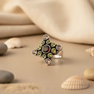 925 Silver Geometric Cluster <b>Ring</b> Garnet <b>Peridot</b> Bezel Setting Classic Style Unisex Everyday Wear Third Party Certified - Product Image 1
