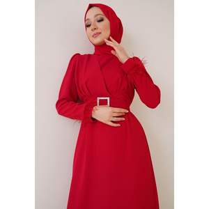 Vestido con cinturón y mangas Emplumadas, Rojo - Product Image 4