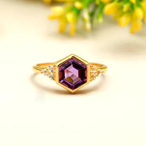 Women's Classic Style 925 Sterling Silver <b>Ring</b> Natural <b>Amethyst</b> Hexagon Cut for Engagement or Wedding Party Gift - Product Image 2