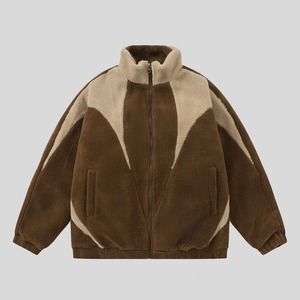 Veste en polaire sherpa patchwork à blocs de couleur personnalisés, style ample avec col montant, toile d'hiver, couleur personnalisable - Product Image 1