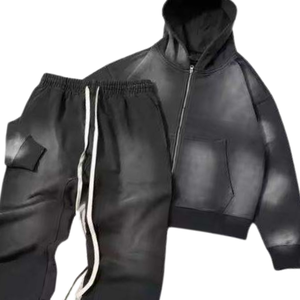 Ensemble de survêtement pour homme avec sweat à capuche cargo noir délavé à l'acide, veste en molleton vintage, pantalon de jogging évasé, tenue streetwear d'hiver - Product Image 5