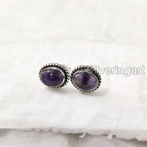Boucles d'oreilles clous pour femmes, pierre précieuse améthyste naturelle, boucles d'oreilles clous bohèmes de Noël, bijoux faits à la main, boucles d'oreilles clous en argent sterling 925 - Product Image 5