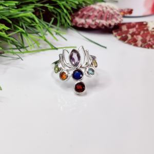 Anillo de Chakra de piedra múltiple Anillo de estilo de chakra de loto Anillo de loto de siete piedras - Product Image 1