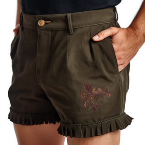 Novedad: Pantalones Cortos Tradicionales de Gamuza Hechos a Mano en Color Verde Oliva Oscuro, Proveedor OEM - Product Image 3