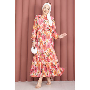 Vestido de Gasa Fucsia con Estampado Floral, Falda Fruncida y Cinturón, Silueta en A Casual, Cintura Natural - Product Image 3